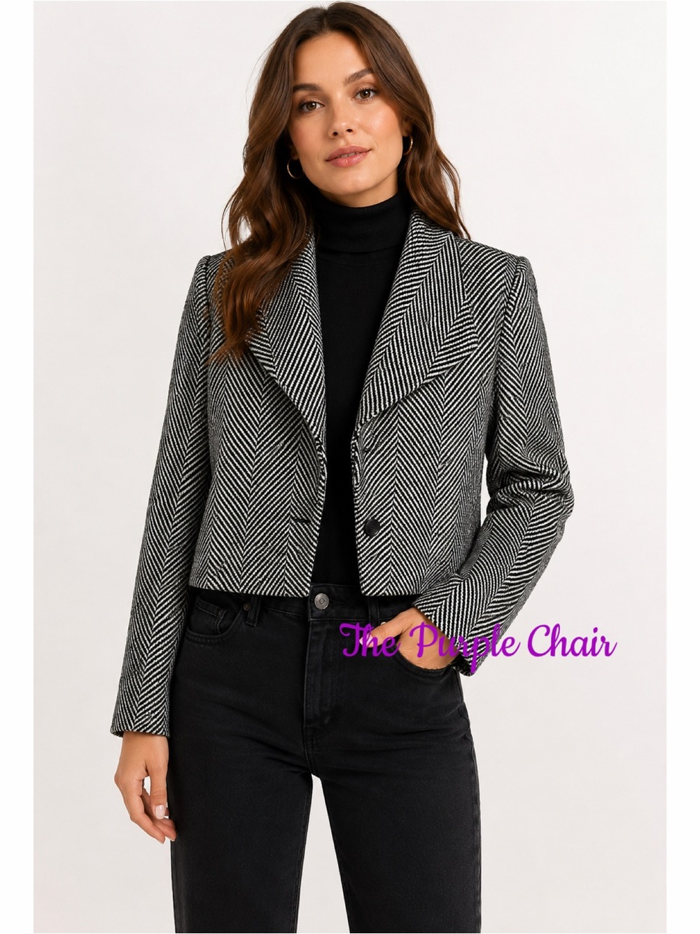 HALOGEN NWT Long Sleeve Black/White Crop Chevron Heavyweight Blazer Jacket